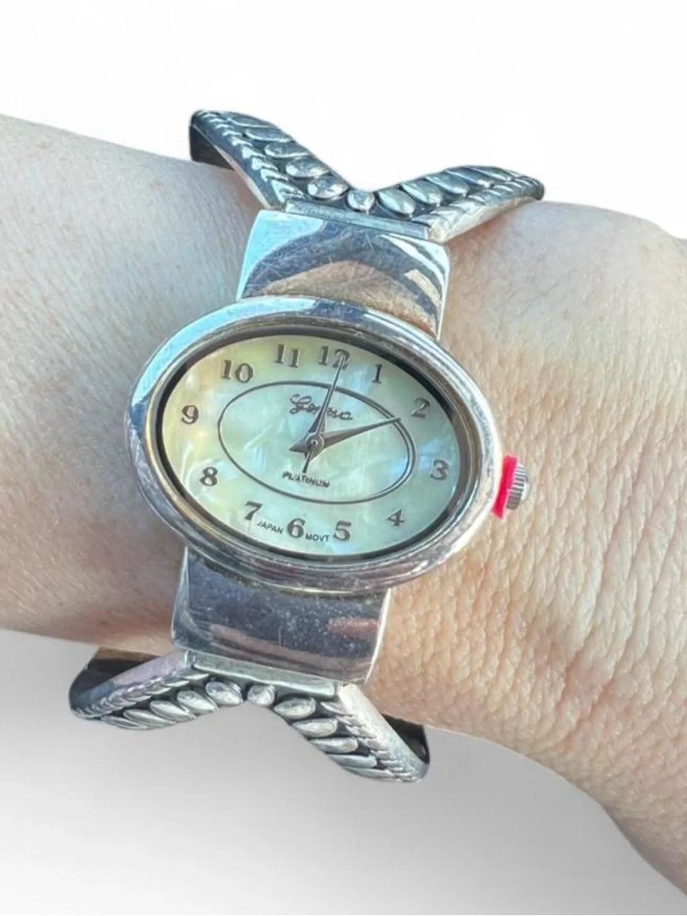 Geneva Silver-Tone Oval y2k Women's Watch with Mother-of-Pearl Dial